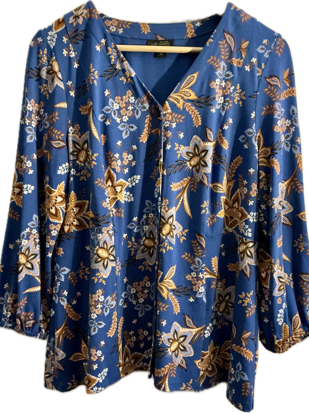 J. Jill Wearever Collection Floral V Neck Top Medium Petite Blue Stretch Knit